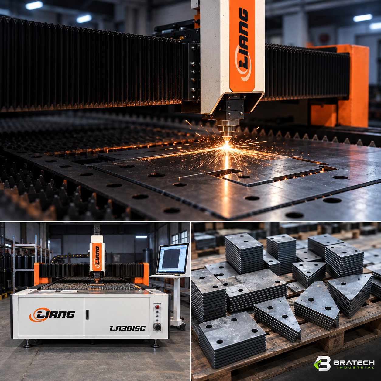 Corte a laser de chapas metálicas, máquina de corte e peças produzidas