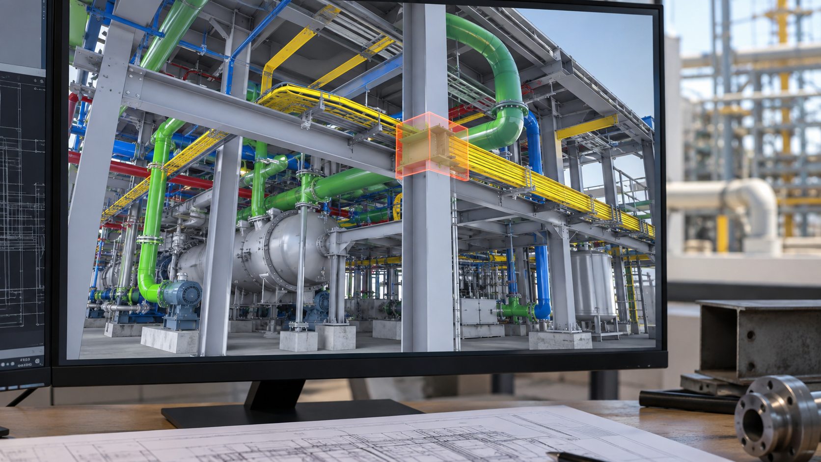 Imagem ilustrativa de modelo integrado de estrutura, tubulações e equipamentos