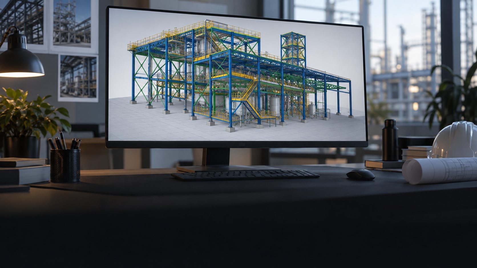 Imagem ilustrativa de modelo tridimensional de estrutura metálica industrial