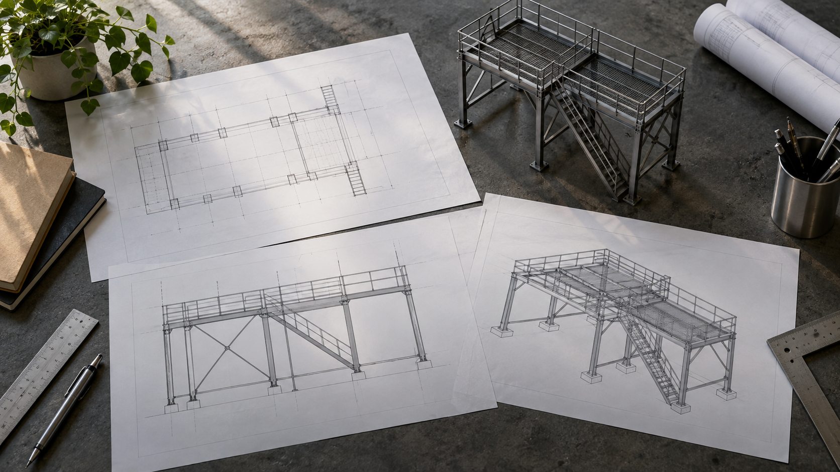 Imagem ilustrativa de plantas conceituais e maquete de plataforma metálica