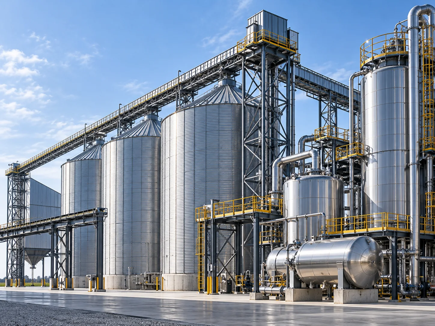Visual ilustrativo de silos, tanques e equipamentos industriais