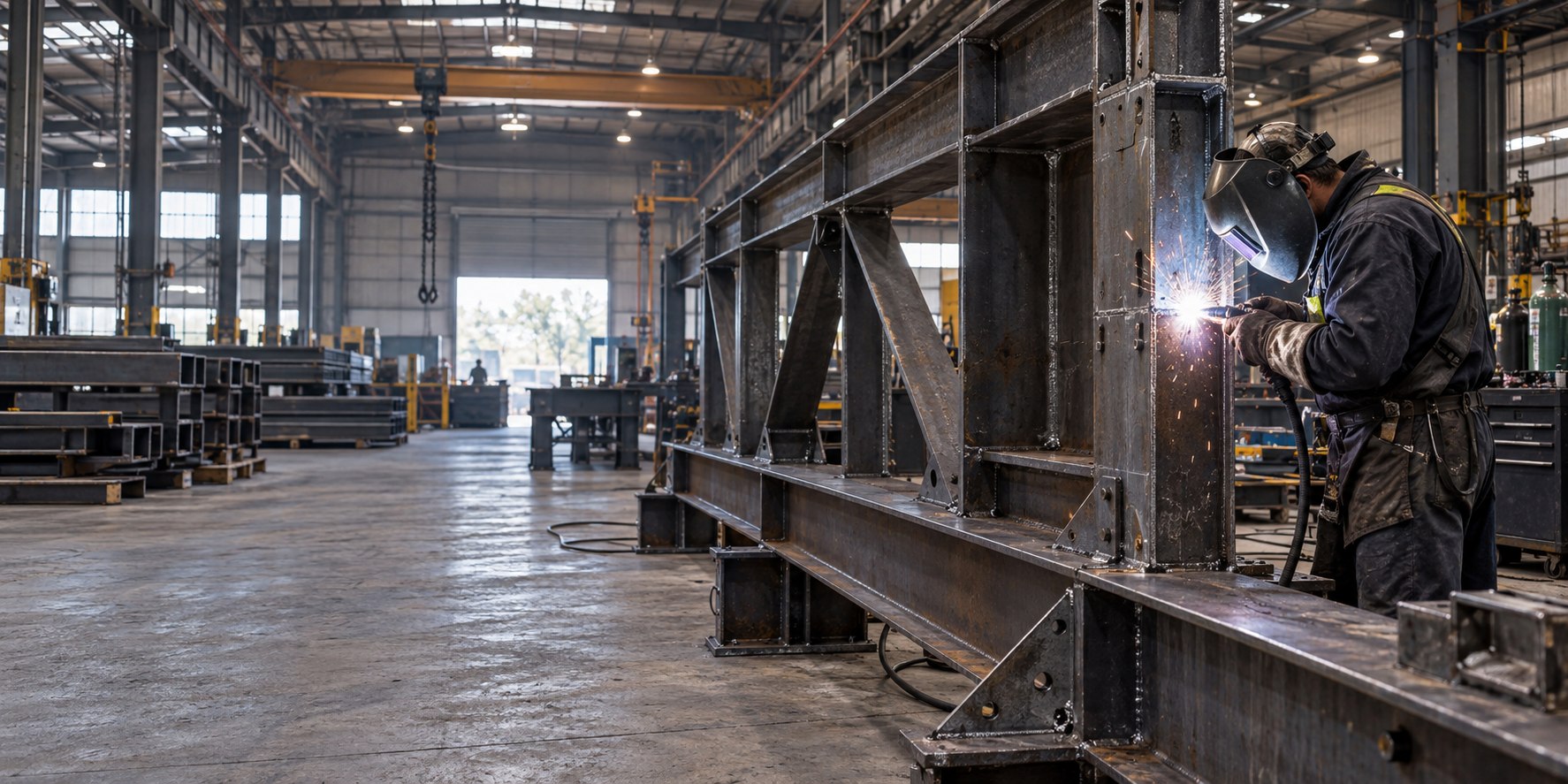 Soldador trabalhando em uma estrutura de aço em ambiente industrial