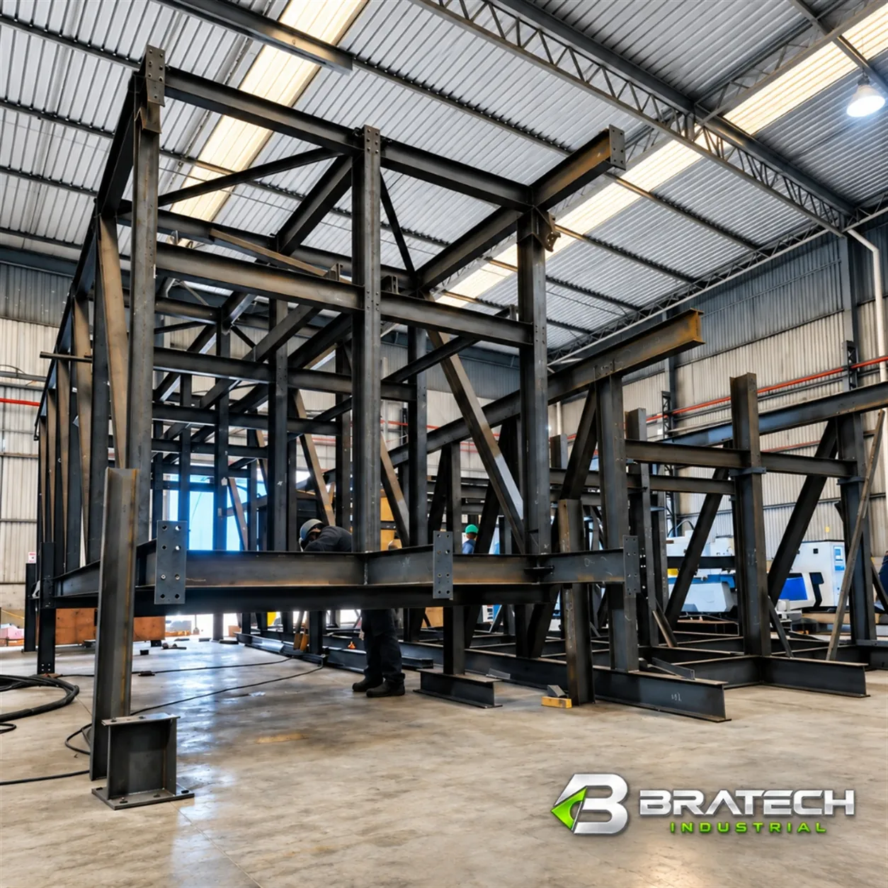 Estrutura metálica industrial em processo de fabricação na Bratech