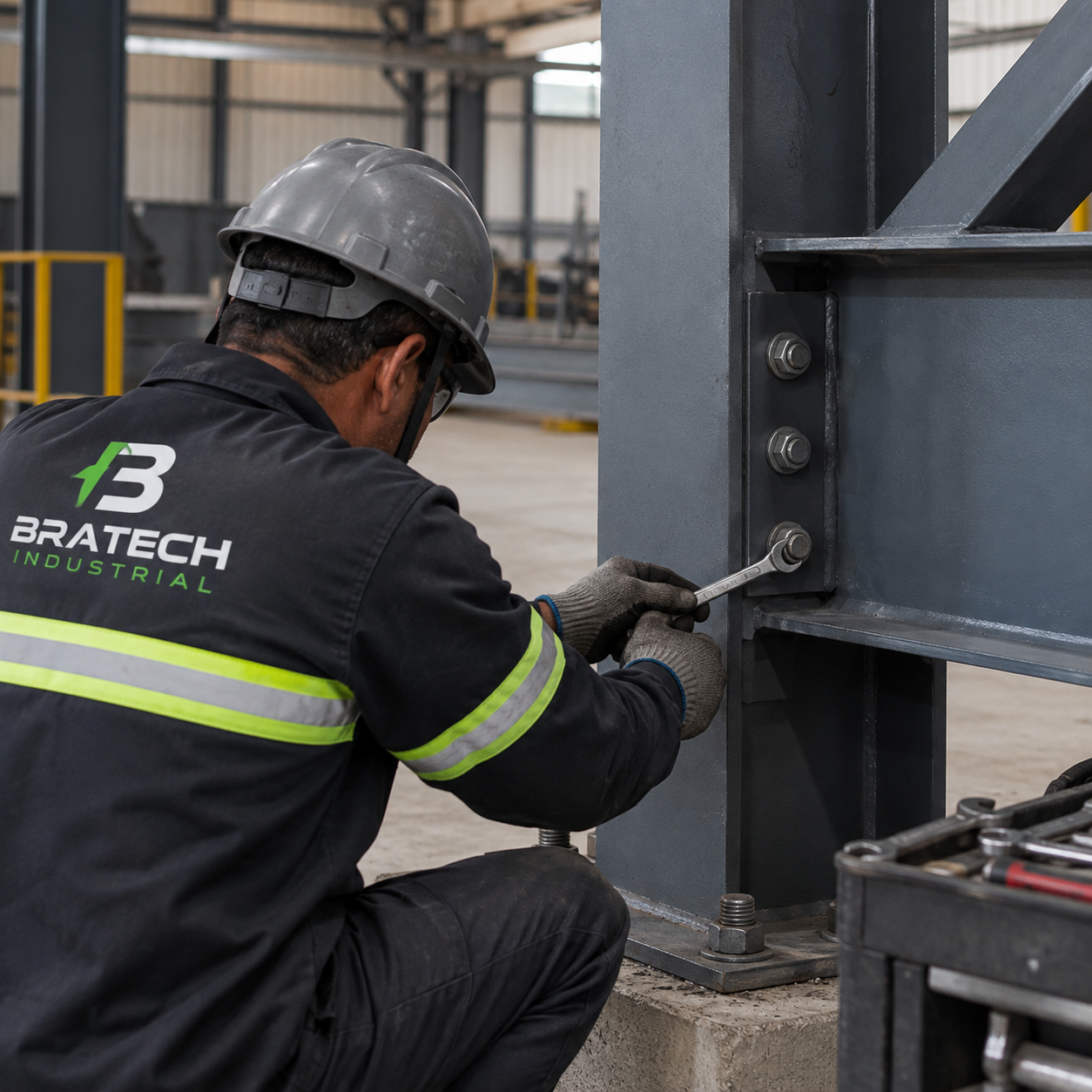 Profissional da Bratech realizando o aperto de parafusos em uma estrutura metálica